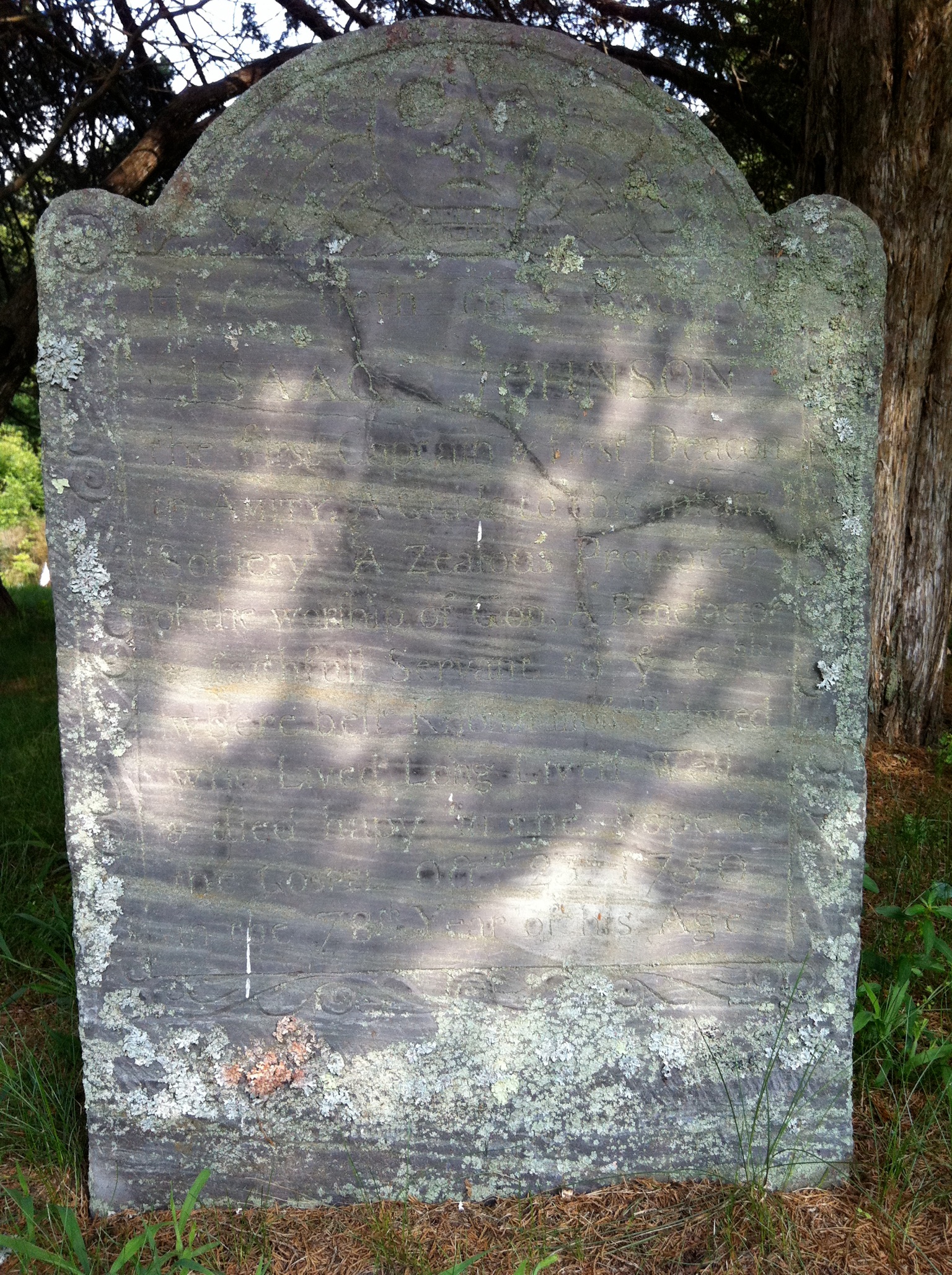 Gravestone of Captain Isaac Johnson, East Side Burying Ground, aka Middle Cemetery, Woodbridge, CT